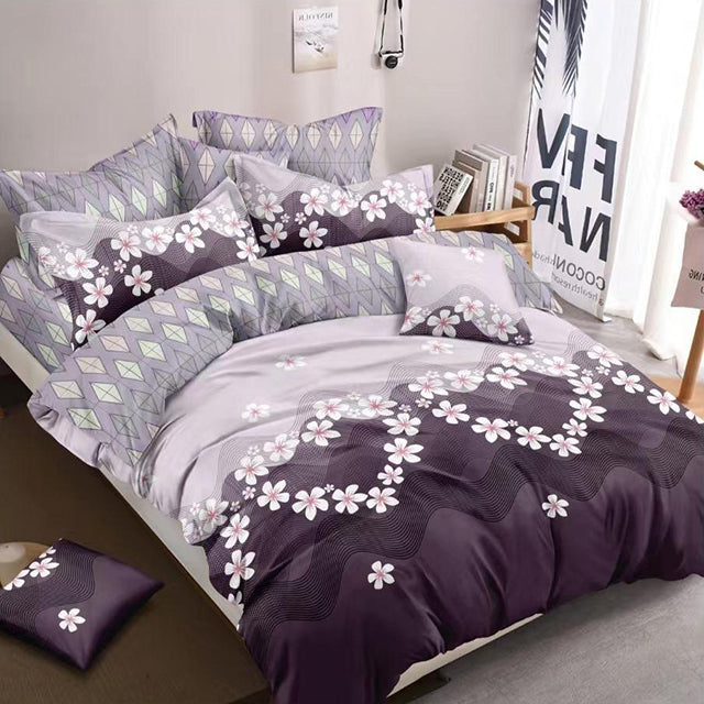 Спално бельо с ластик - тъмнолилаво и сиво със сърца от цветчета