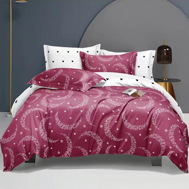 Спално бельо с ластик - тъмнорозово и бяло с луни