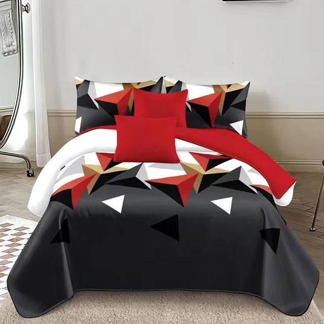 Спално бельо с ластик - сиво, бяло и червено с триъгълници