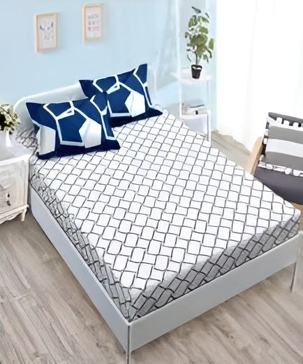 Спално бельо с ластик - тъмносиньо и бяло с геометричен мотив