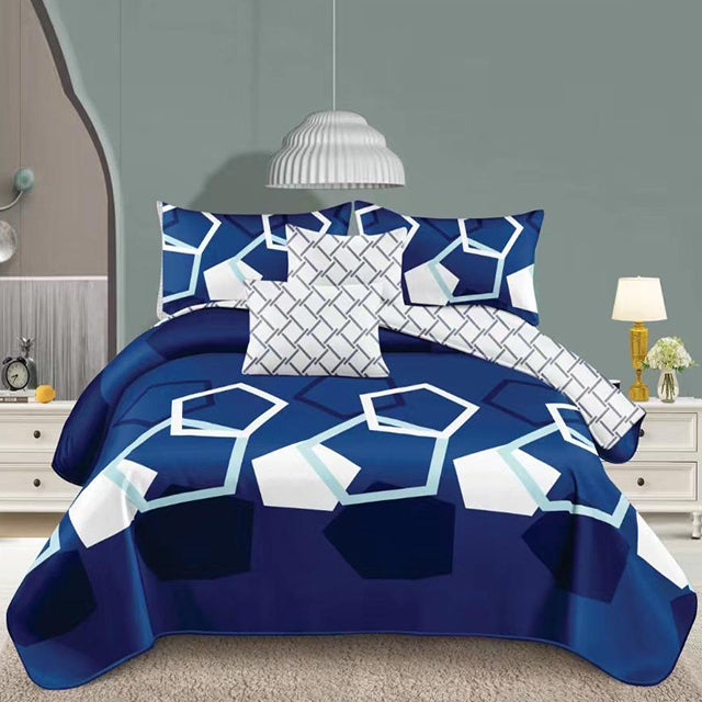 Спално бельо с ластик - тъмносиньо и бяло с геометричен мотив