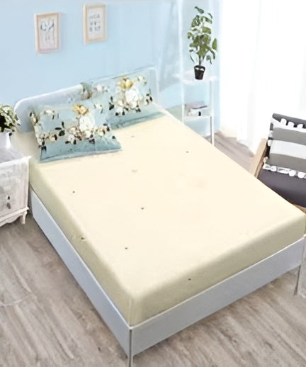 Спално бельо с ластик - светлосиньо и екрю с цветя