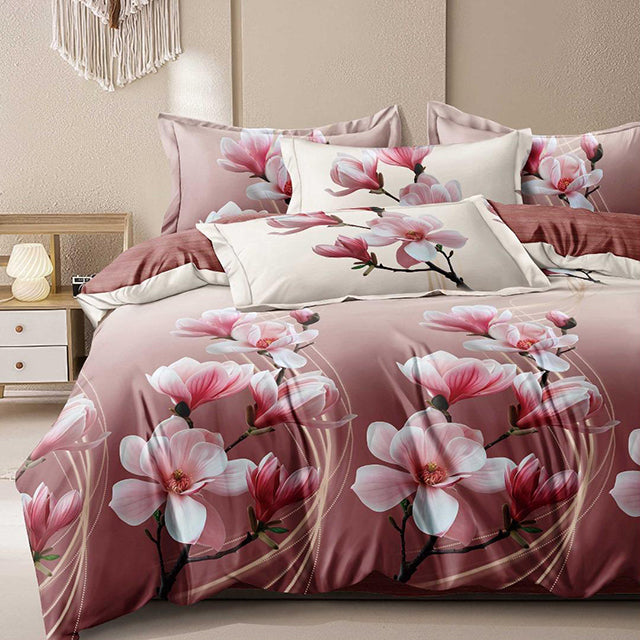 Спално бельо с ластик - цвят пепел от рози с красиви орхидеи