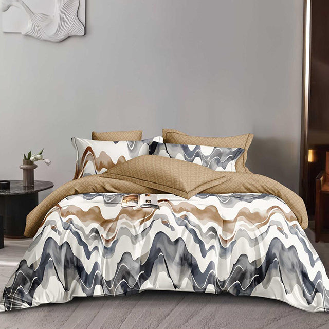 Спално бельо с ластик - бяло и бежово със сиви ивици