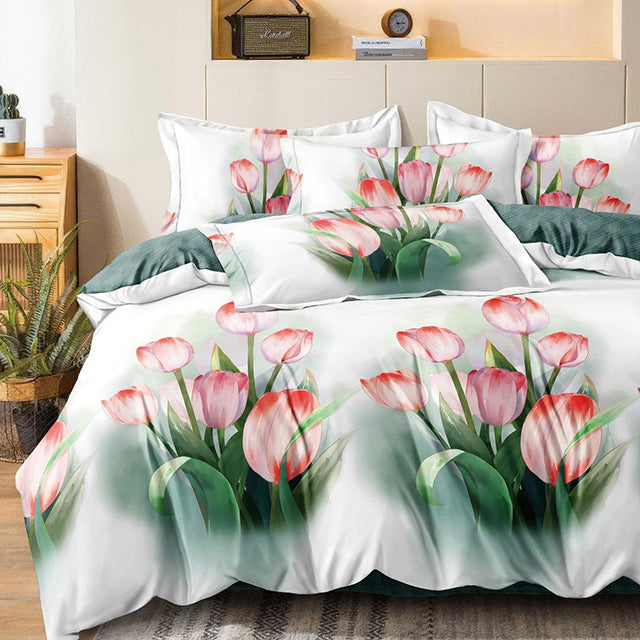 Спално бельо с ластик - бяло и зелено с лалета