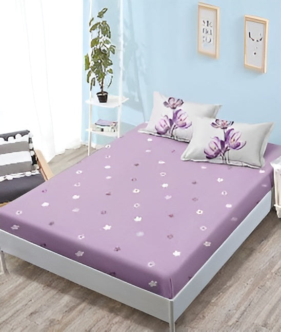 Спално бельо с ластик - бяло и светлолилаво с минзухари