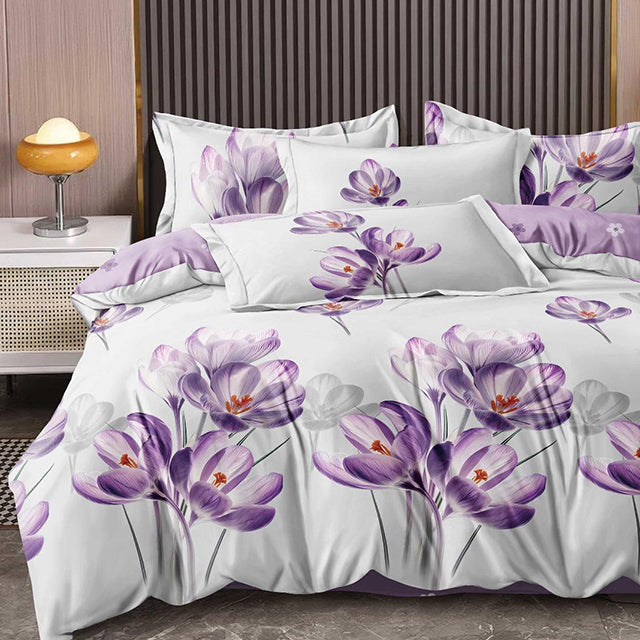 Спално бельо с ластик - бяло и светлолилаво с минзухари