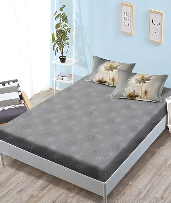 Спално бельо с ластик - сиво с бели цветя