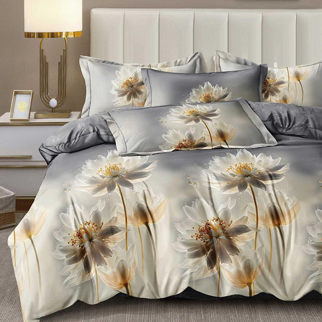 Спално бельо с ластик - сиво с бели цветя