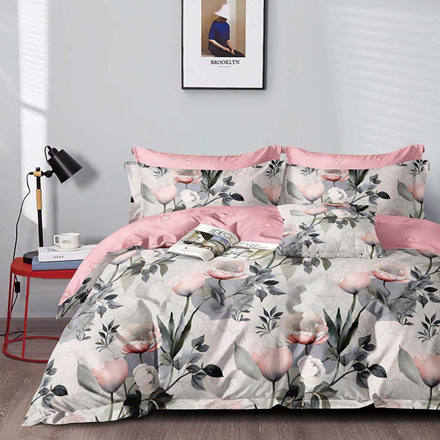 Спално бельо с ластик - бяло и розово с флорален мотив