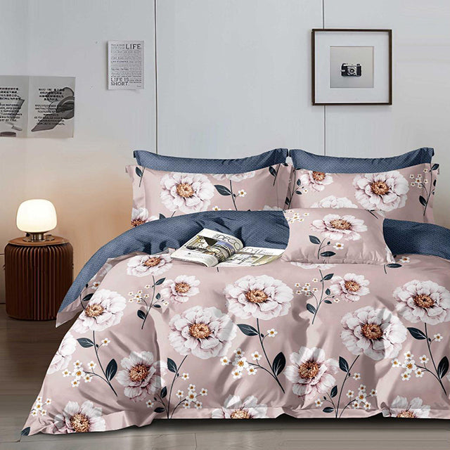 Спално бельо с ластик - бежово и тъмносиньо с красиви цветя