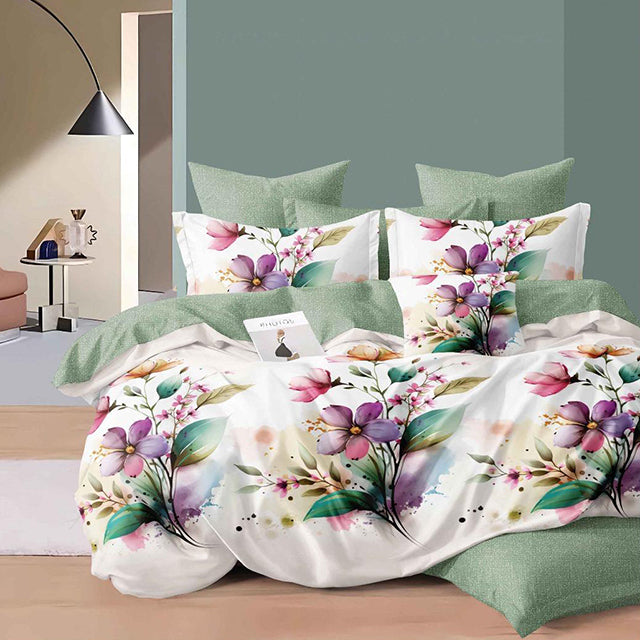 Спално бельо с ластик - цвят крем и зелено с пъстри цветя