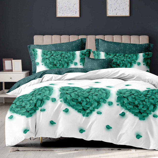 Спално бельо с ластик - бяло и зелено със сърца