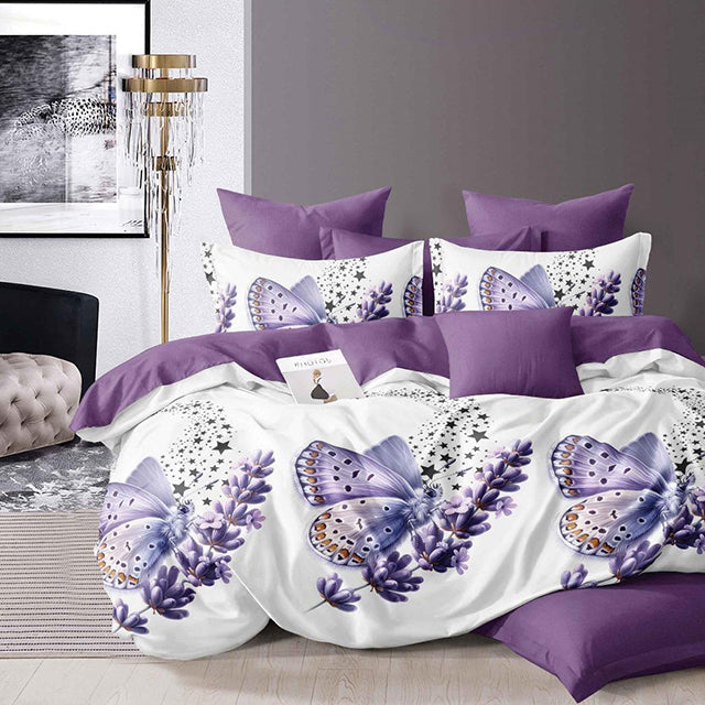Спално бельо с ластик - бяло и лилаво с цветя и пеперуди