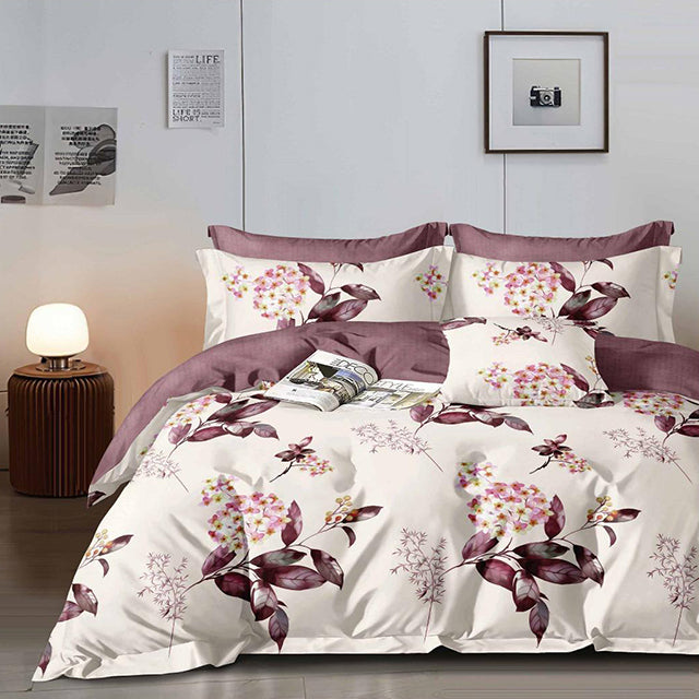 Спално бельо с ластик - бяло и лилаво с цветя