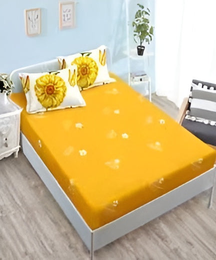 Спално бельо с ластик - бяло и жълто с цветя и пеперуди