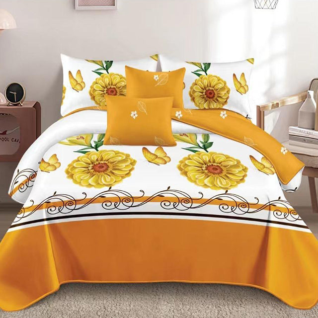 Спално бельо с ластик - бяло и жълто с цветя и пеперуди