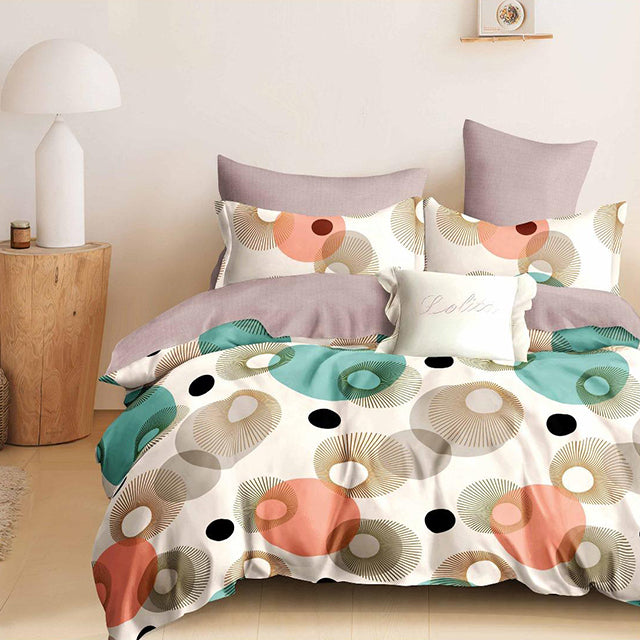 Спално бельо с ластик - бяло и сиво с многоцветни кръгове