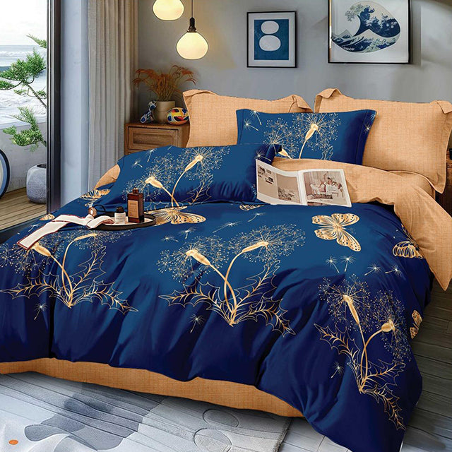 Спално бельо с ластик - синьо и кафяво с цветя и пеперуди