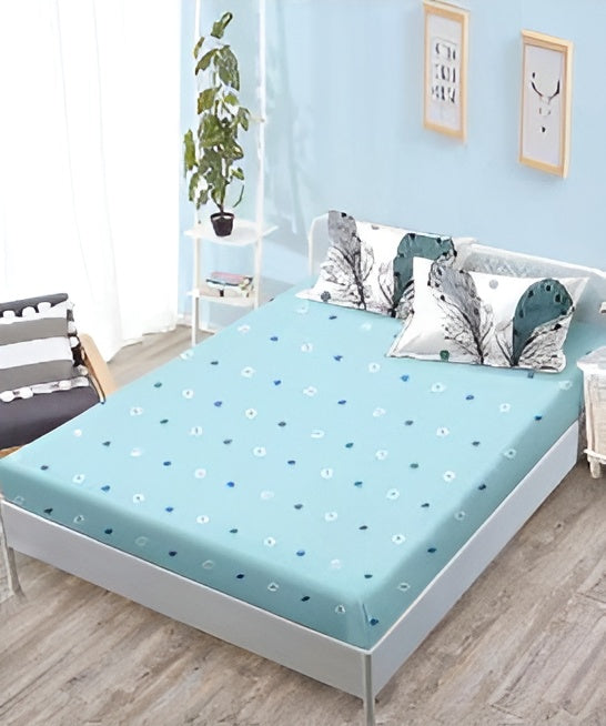 Спално бельо с ластик - бяло и синьо с пера