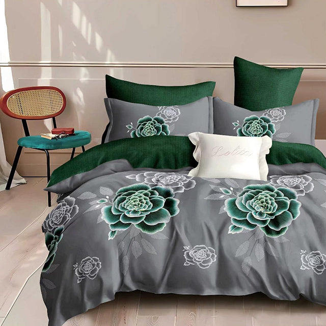 Спално бельо с ластик - сиво и зелено с рози