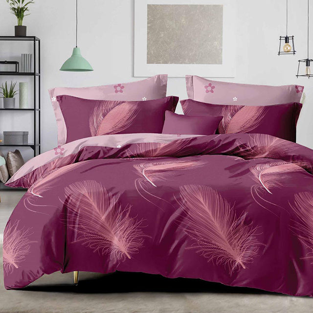 Спално бельо с ластик - лилаво с пера