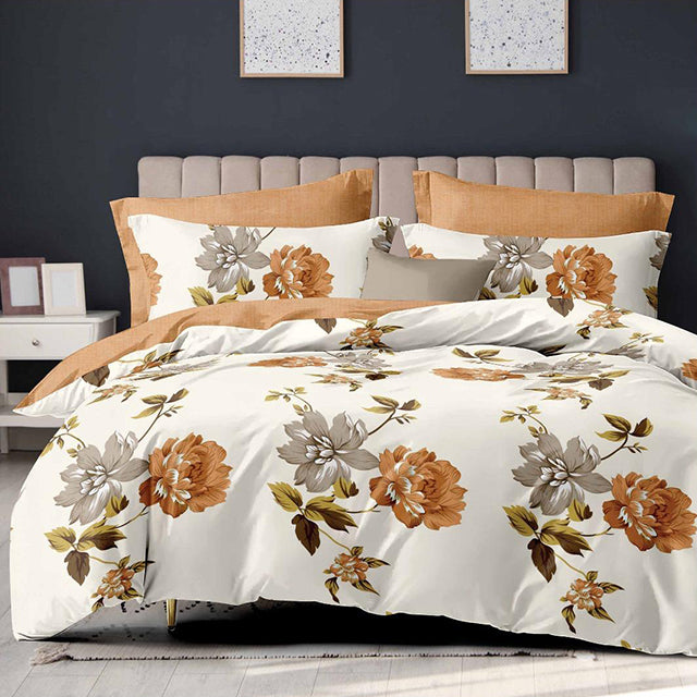 Спално бельо с ластик - бяло и кафяво с цветя