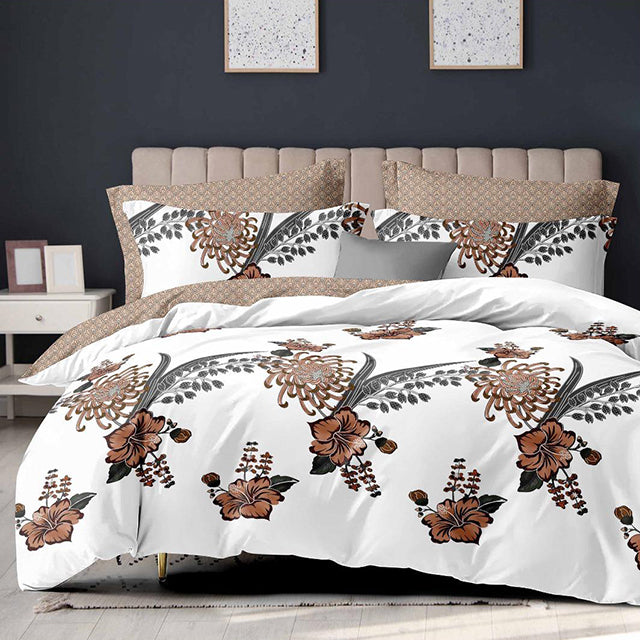 Спално бельо с ластик - бяло и кафяво с флорален мотив