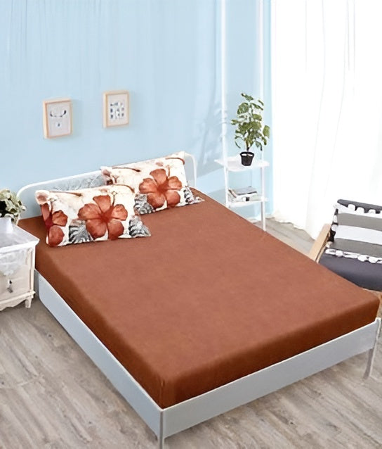 Спално бельо с ластик - бяло и оранжево с цветя