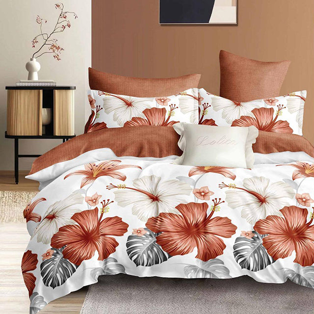 Спално бельо с ластик - бяло и оранжево с цветя