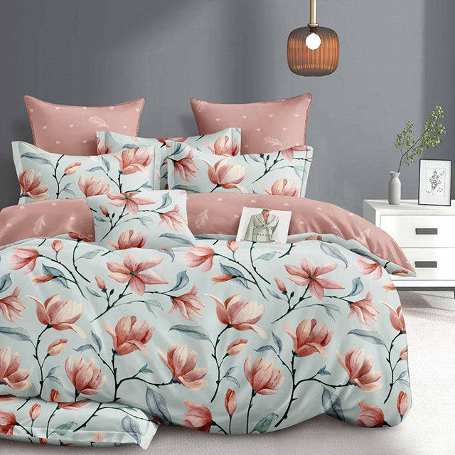 Спално бельо с ластик - светлосиньо и розово с флорален мотив