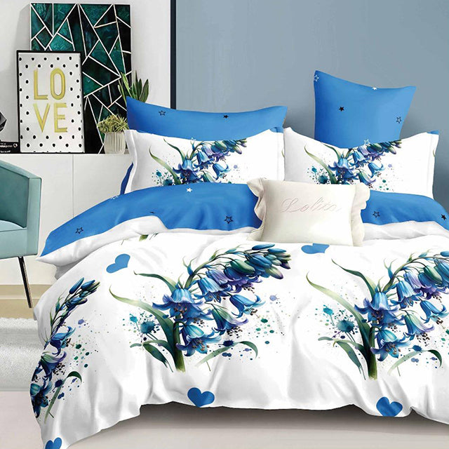 Спално бельо с ластик - бяло и синьо с цветя и сърчица