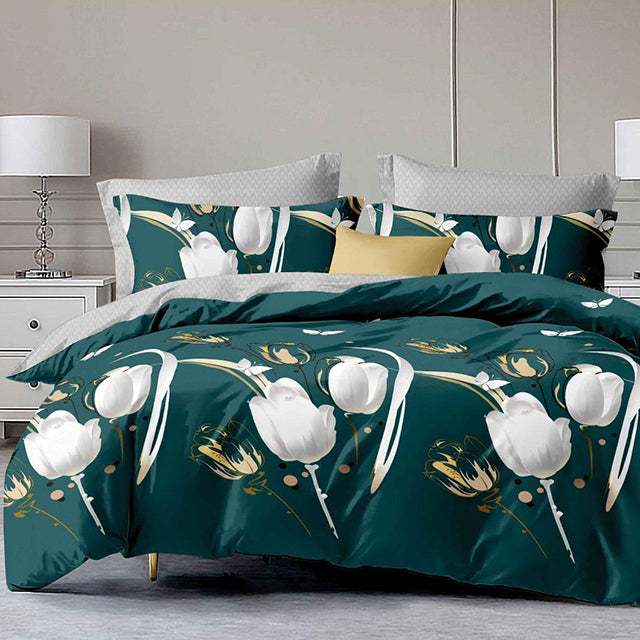 Спално бельо с ластик - зелено и сиво с цветя и пеперуди