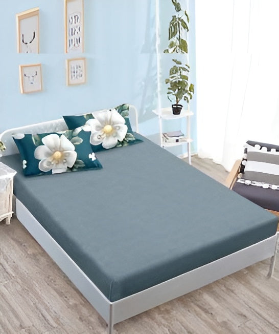 Спално бельо с ластик - зелено и сиво с цветя