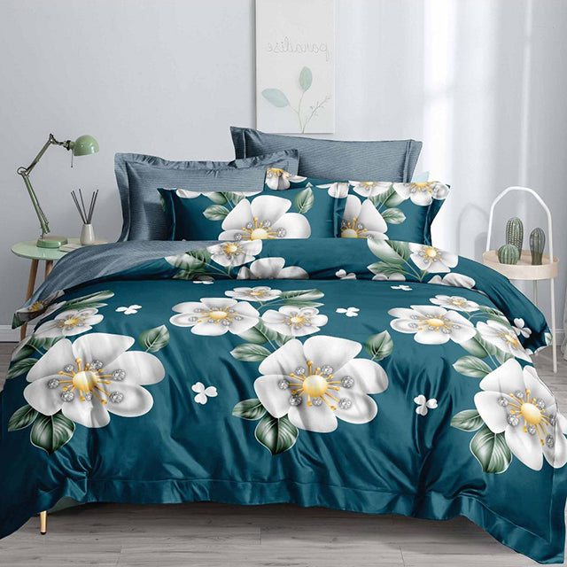 Спално бельо с ластик - зелено и сиво с цветя