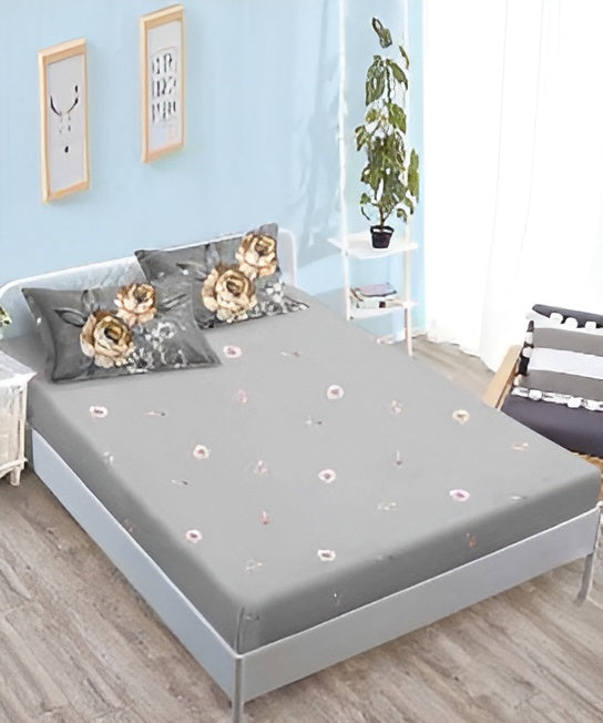 Спално бельо с ластик - сиво с флорален мотив