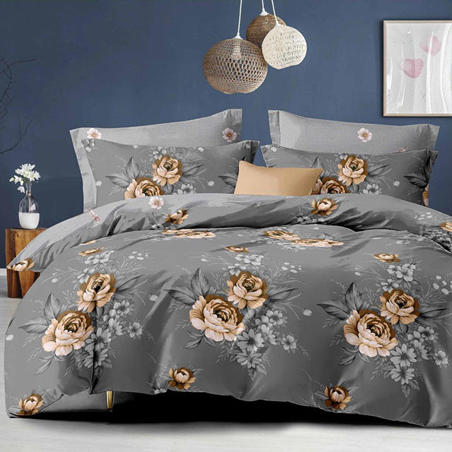 Спално бельо с ластик - сиво с флорален мотив