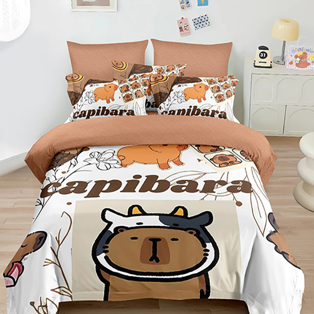 Детско спално бельо от 100% памук - бяло и кафяво с Капибара 