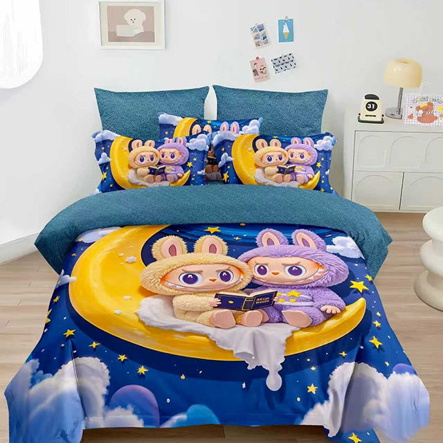 Детско спално бельо от 100% памук - тъмносиньо с Лабубу 