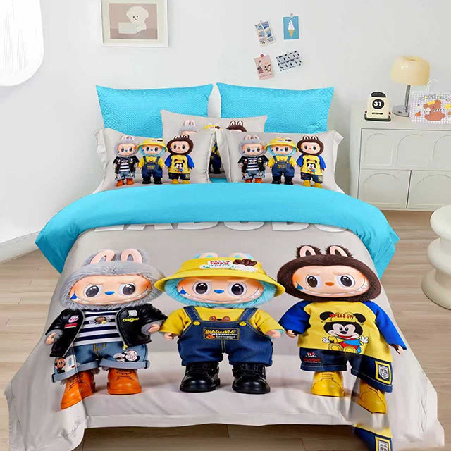 Детско спално бельо от 100% памук - синьо и сиво с Лабубу 