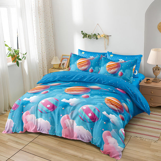 Спално бельо с ластик от 100% памук – синьо с планети 