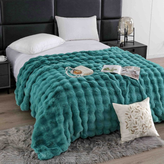 Луксозно одеяло с изкуствен заешки косъм – тюркоаз – FB1-04