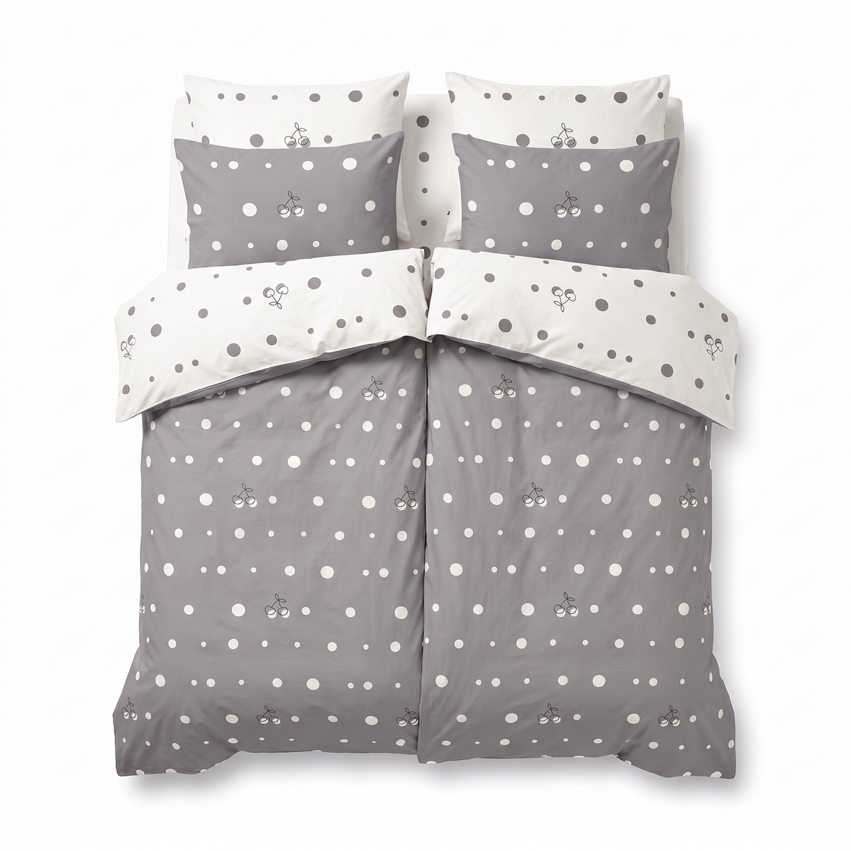 Спално бельо с 2 плика 100% памук - сиво и бяло с точки и череши