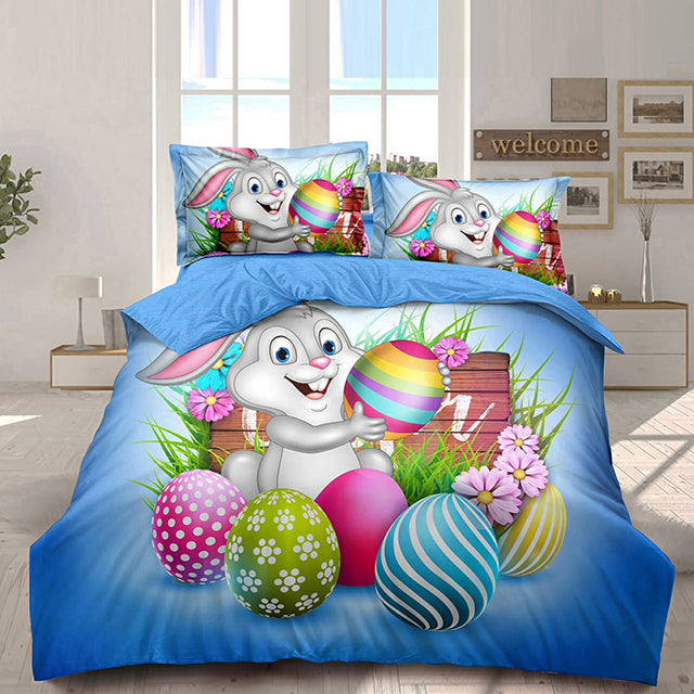 Великденско спално бельо 100% памук - синьо със зайче