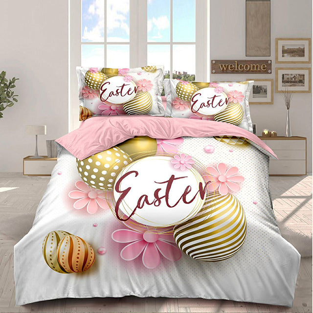 Великденско спално бельо 100% памук - бяло и розово с яйца и надпис