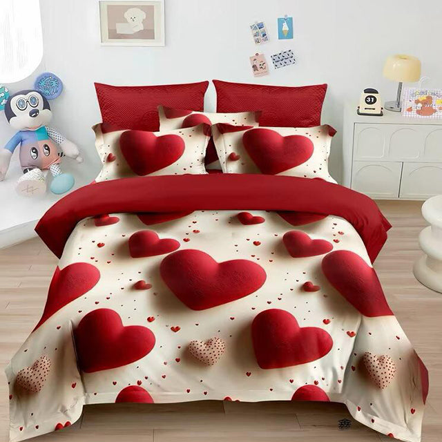 5D спално бельо от 6 части с ластик - бежово с червени сърчица 