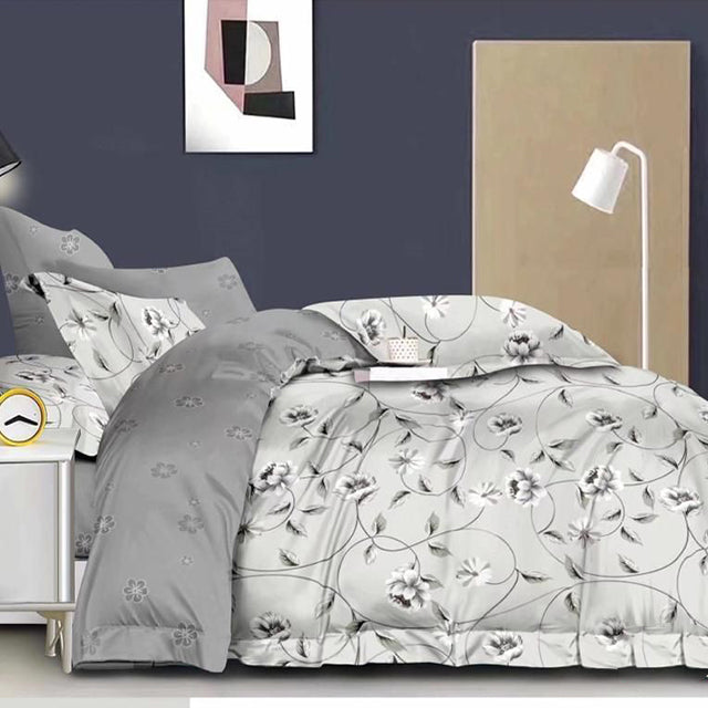 Спално бельо от 100% памук – сиво с цветя