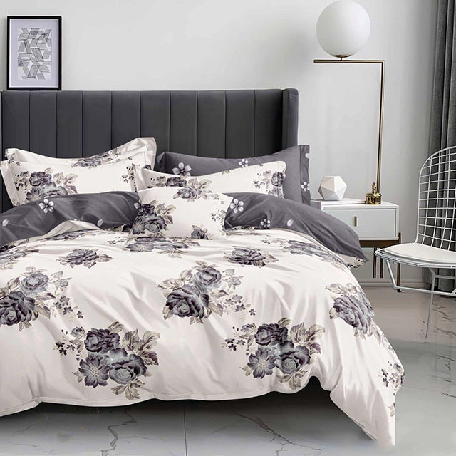 Спално бельо от 100% памук – бяло и сиво с цветя