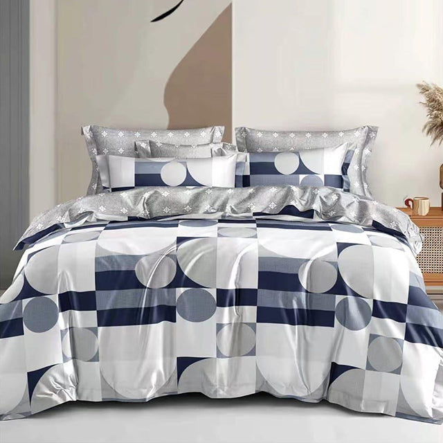 Спално бельо от 100% памук – сиво, синьо и бяло с кръгове