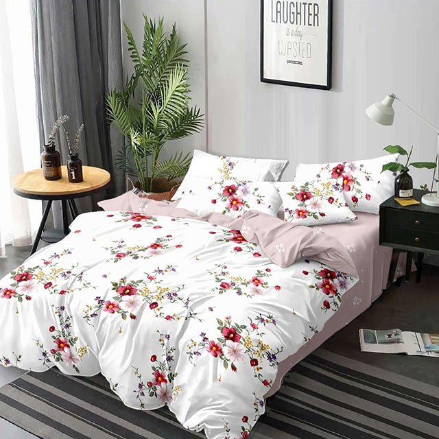 Спално бельо от 100% памук – бяло и лилаво с пъстри цветя